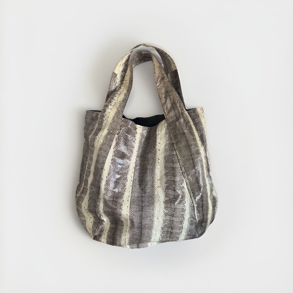 Beirn Jenna Snakeskin Double Handle Hobo Tote Bag Exotic Neutral Cream